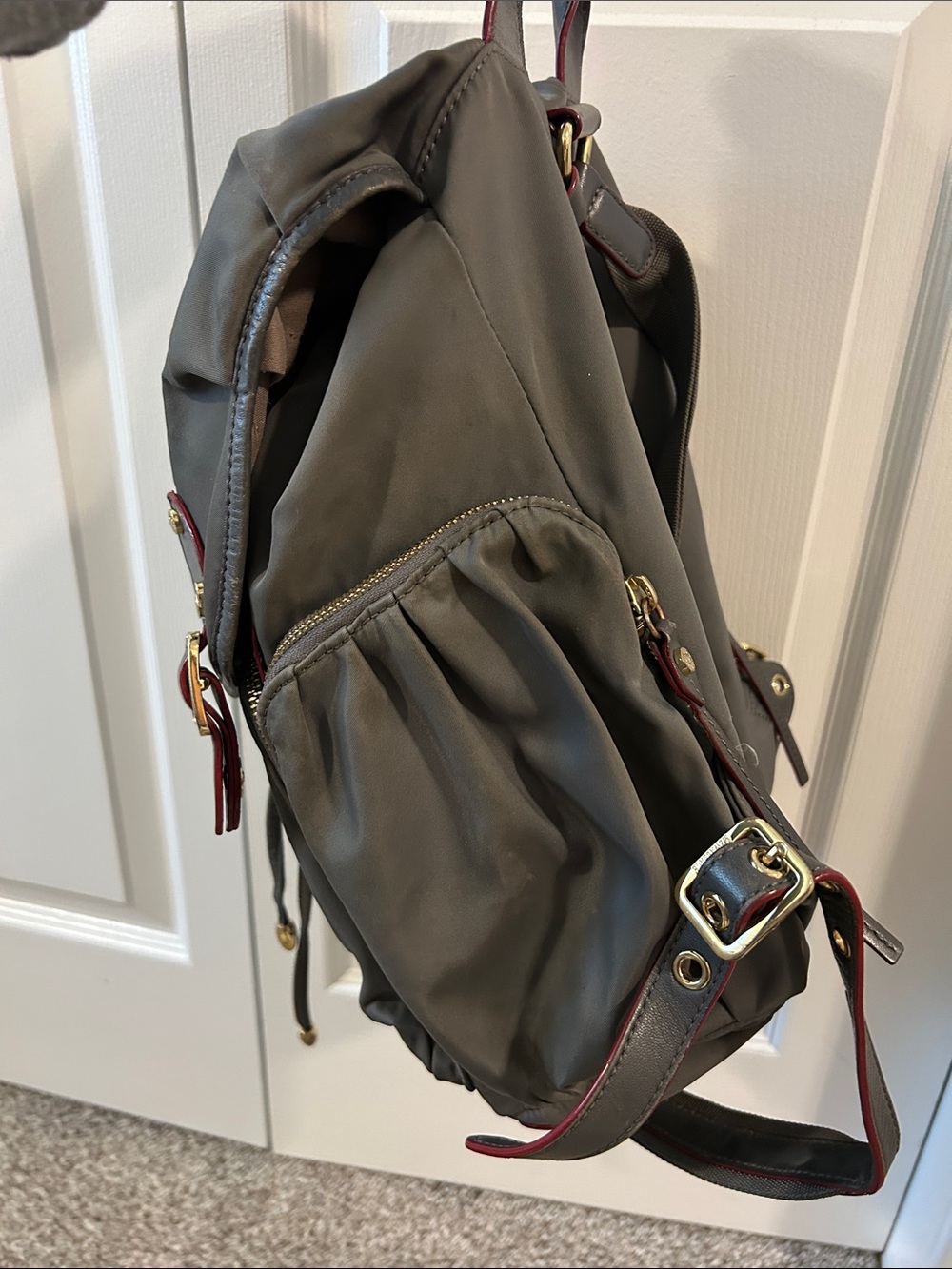 MZ Wallace Gray Nylon Backpack with Red Trim and Gold Hardware - Picture 4 of 6